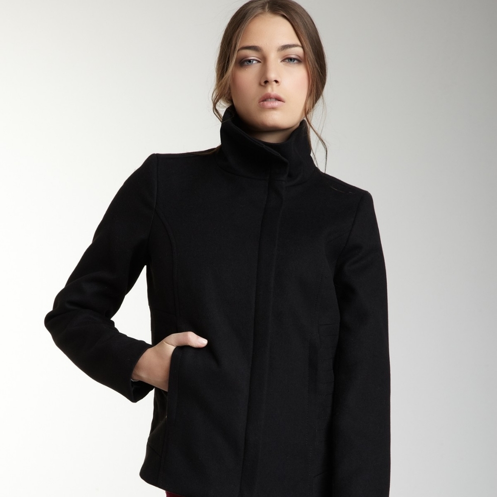 Kensie Asymmetrical collar zip front coat.Black XS